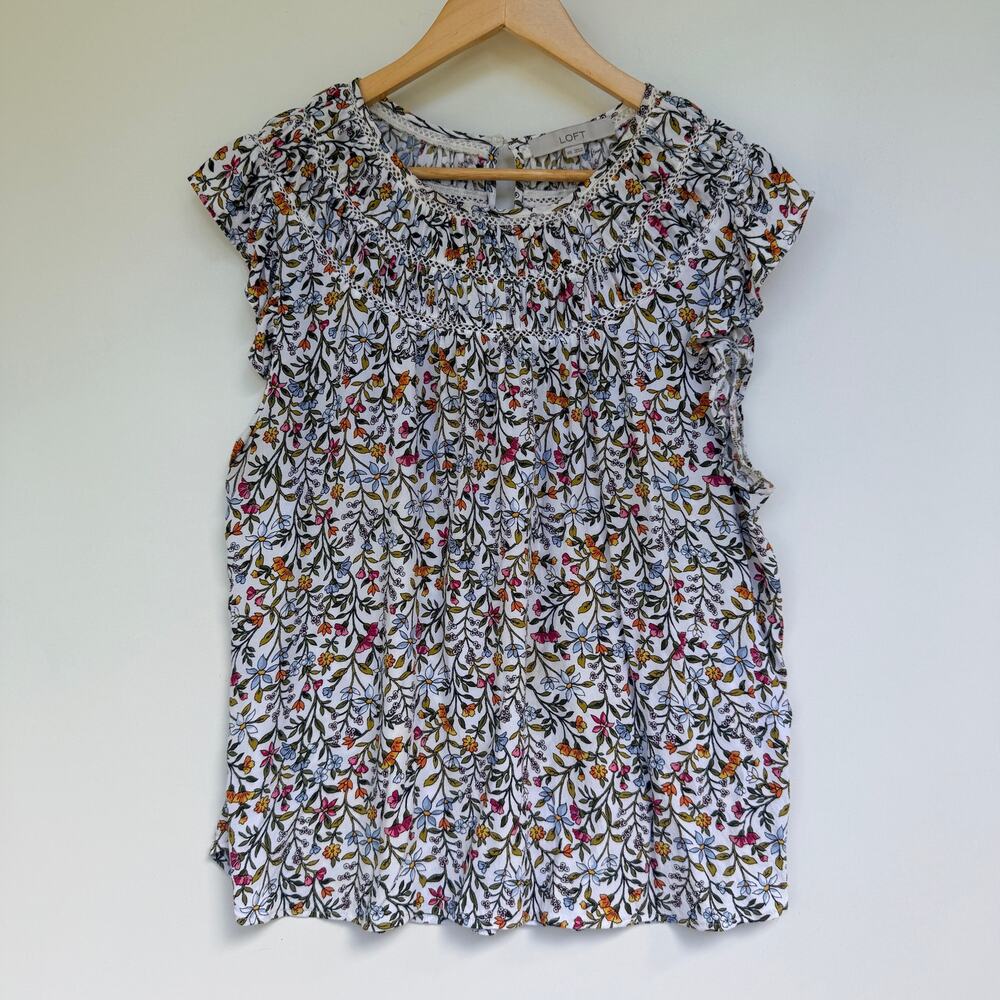 LOFT Floral Smocked Blouse XXL | Short Flutter Sleeve Pleated Summer Top
